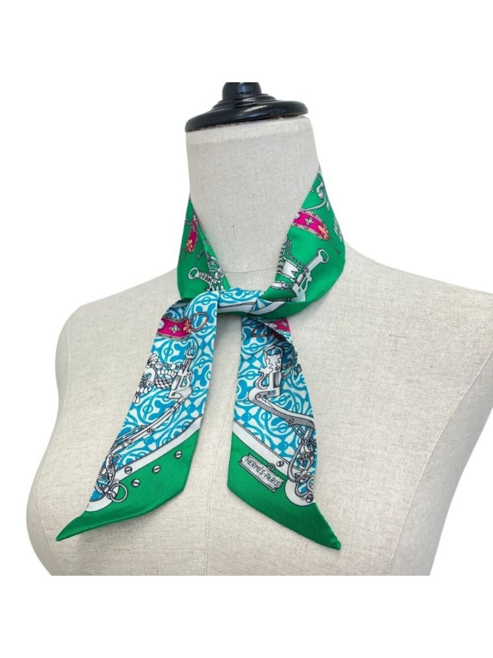 Hermes Mors Et Gourmettes Remix Horsemanship and Chains Twilly Scarf Green - Picture 5 of 6